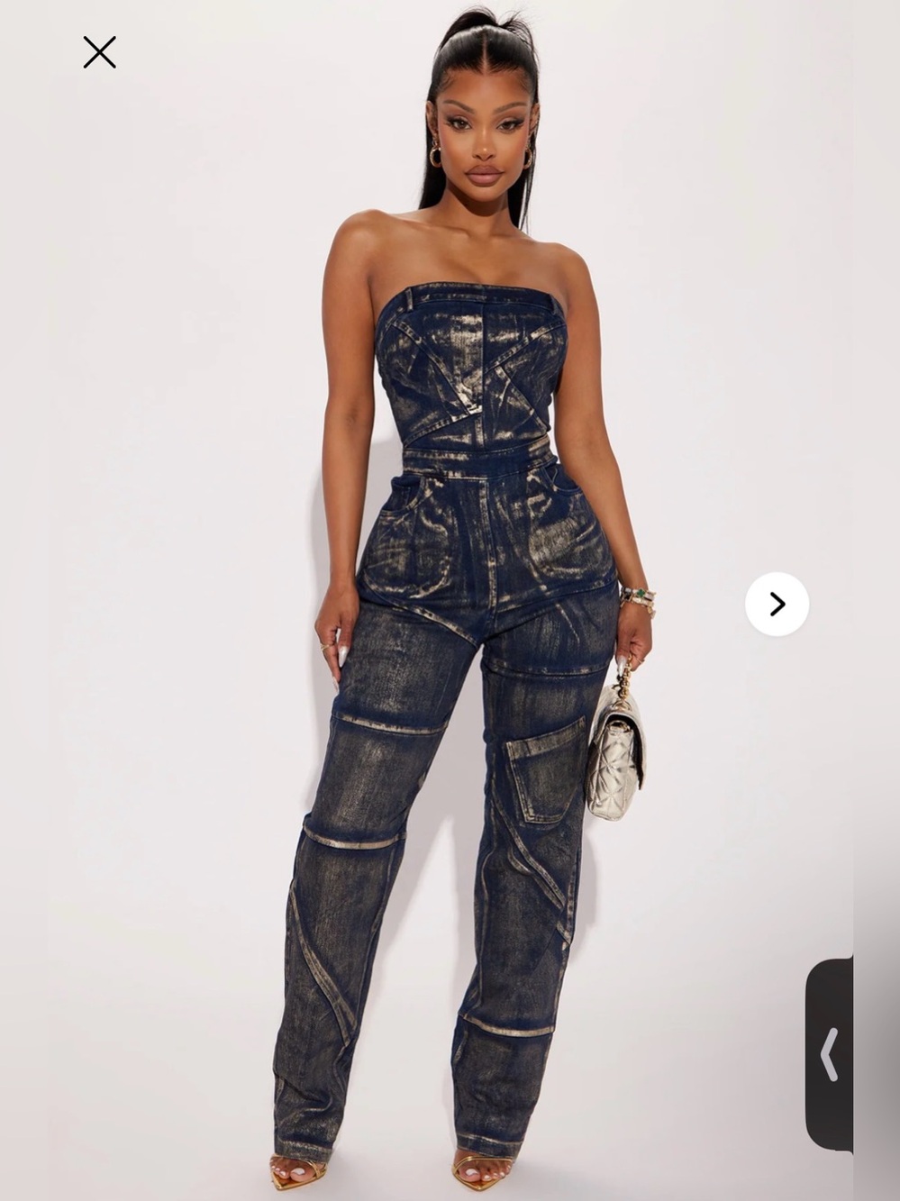 Fashion Nova Dark Wash Strapless Metallic-Trim Denim Jumpsuit